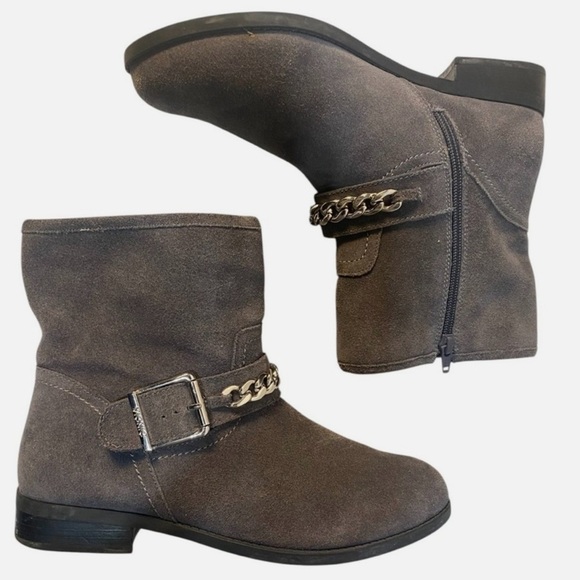 Vionic Suede Moto Boots Ankle Chain Booties Gray Zip Biker Orthotic Sz 9 - Picture 3 of 9